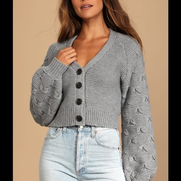 Lulus | Puffy Sleeve Cardigan | Buttons | size S | Gray - Picture 1 of 5